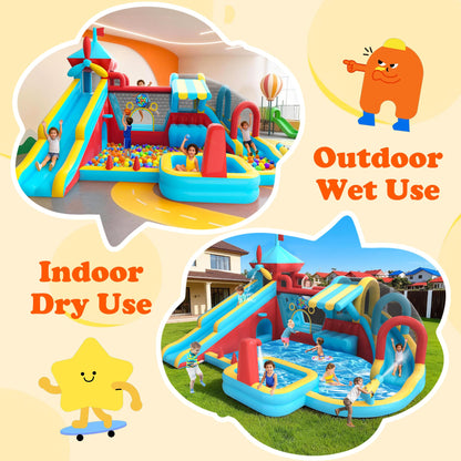 Inflatable Bounce House with Double Slide, Water Slide with Jumping Area, 10 in 1 Large Bounce Castle, Splash Pool, Climbing Wall, Toy Stand, Water Cannon, Basketball, Tunnel, Outdoor, Indoor, Blue