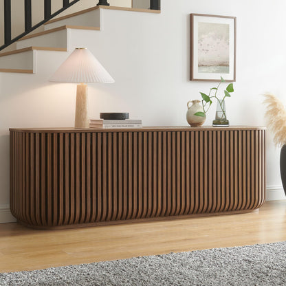 Modway Fortitude 75" Fluted Curved Sideboard Buffet with 4 Doors in Walnut – Modern Media Console TV Stand with Adjustable Shelves and Cable Management – Office Credenza Storage Cabinet