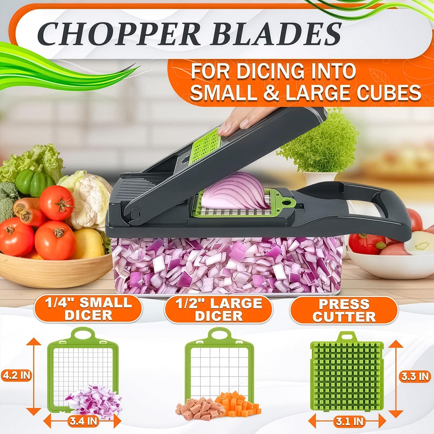 14-in-1 Vegetable Chopper with Container – Veggie Chopper with Container and Lid Includes 6 Blades, Cheese Grater, Egg Separator | Finger Guard, Dishwasher Safe – Veggie Dicer for Chips, Cubes, Strips