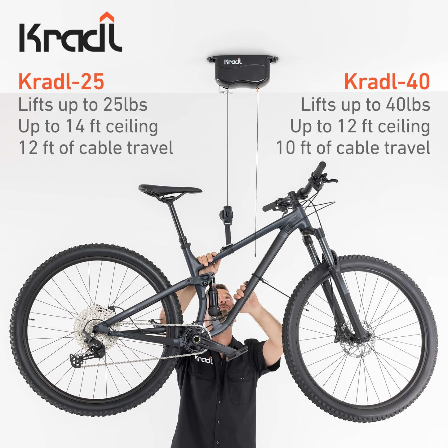 Kradl 2-Pack (40 Pound / 40 Pound). Ceiling Mount Bike Lift and Rack. Bicycle Storage Hoist Without Electricity, Clumsy Ropes or Pulleys.