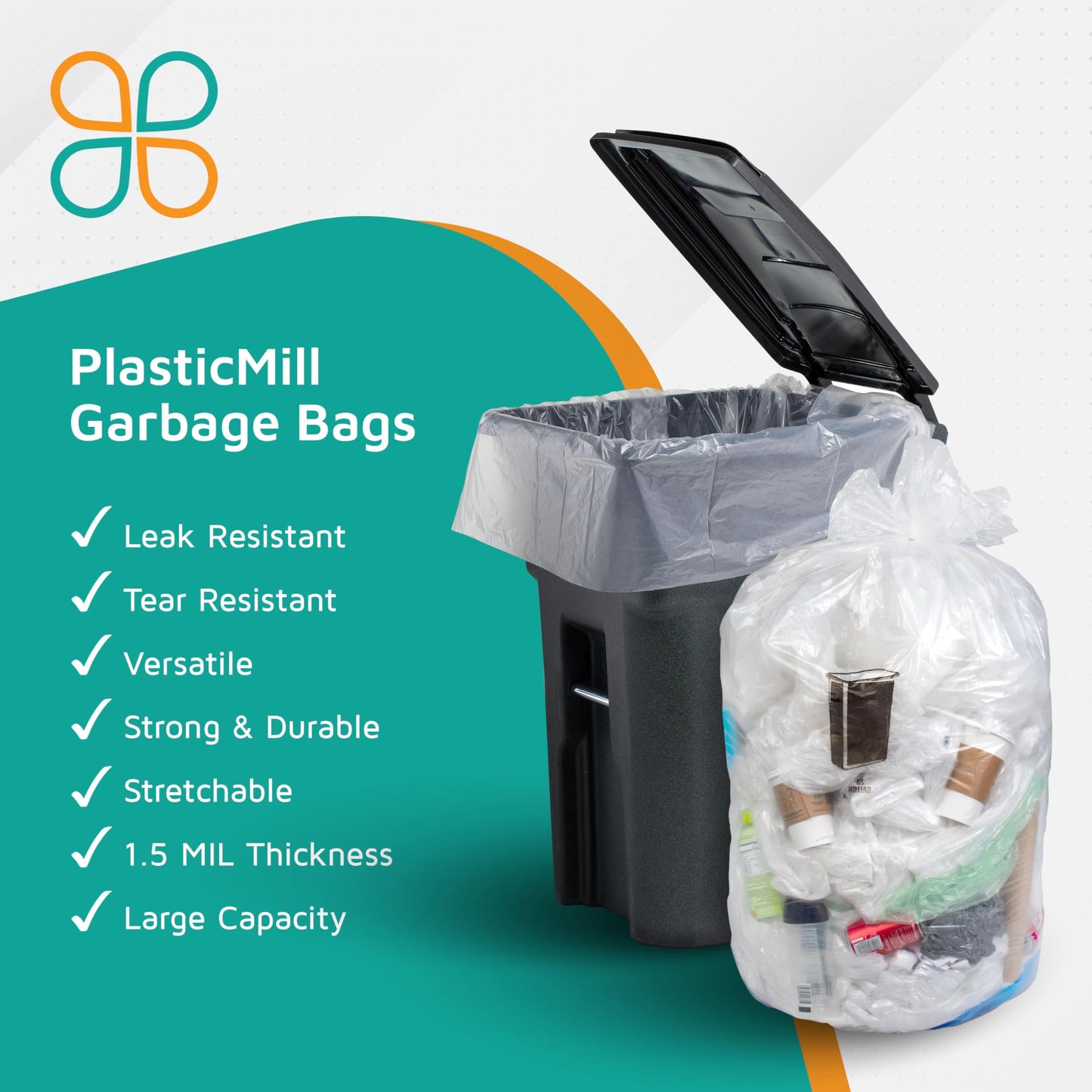 PlasticMill Heavy Duty Trash Bags - Clear Garbage Bags - Plastic Trash Bags for Large Rolling Trash Bins - Tall Trash Bags - 100-Gallon Large Kitchen Trash Bags, 1.3 Mil, 67"x79" (10-Count)