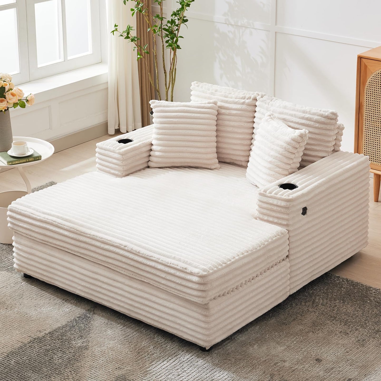 GarveeHome 60-inchOversized Chaise Lounge Chair Indoor, Comfy Corduroy Lounge Sofa with Charging Station, Cup Holders & Throw Pillows, Cozy Sleeper Couch for Living Room Apartments, Beige