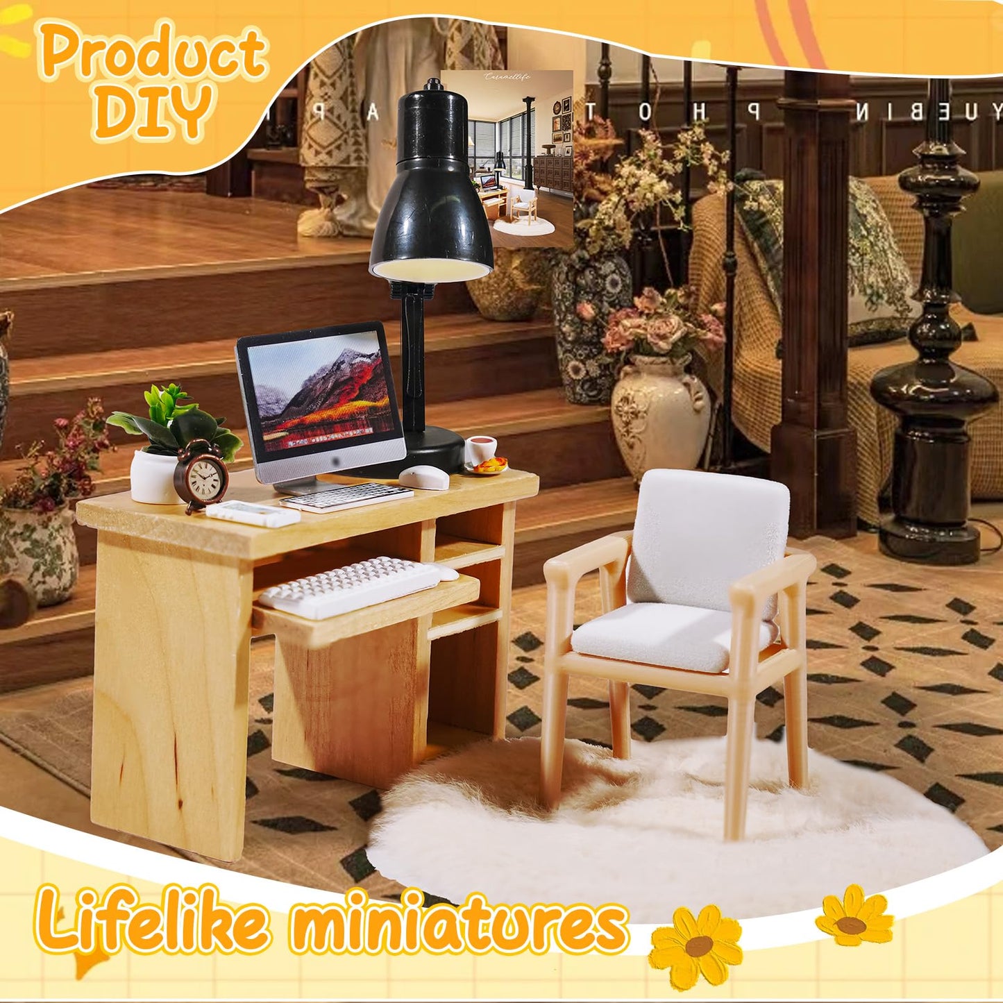 Hiawbon 11PCS 1:12 Scale Miniature Office Furniture Set, Miniature Office Table and Chair, Mini Simulation Desktop Computer with Mouse Keyboard Model Simulation Accessories for Mini House