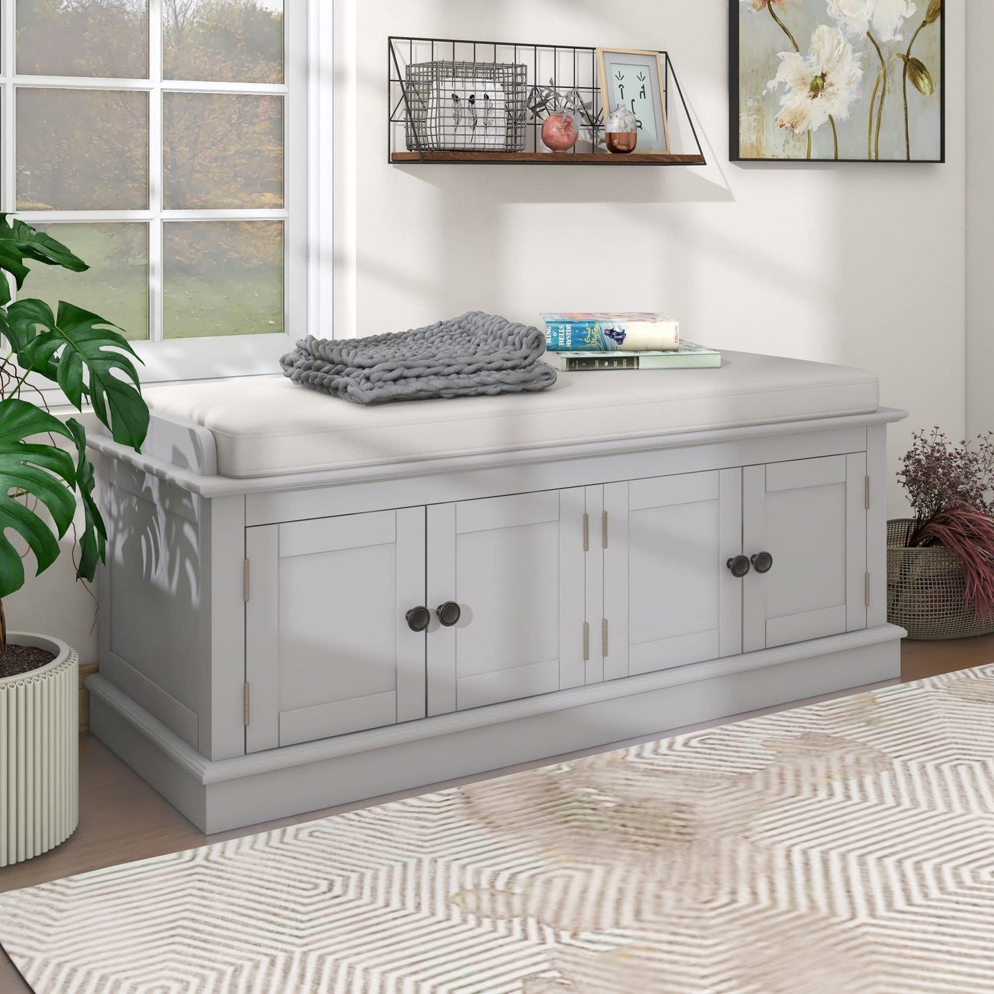 Merax Rustic Wood Entryway Bench with 4 Doors Shoe Cabinet for Hallway Front Door Gray Wash