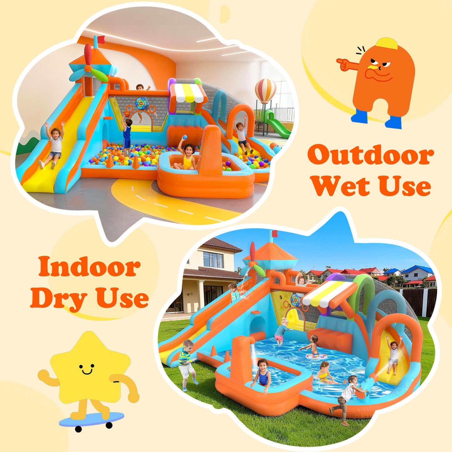 Inflatable Bounce House with Double Slide, 10 in 1 Large Bounce Castle with 750W Blower, Water Slide, Jumping, Splash Pool, Climbing Wall, Toy Stand, Water Cannon, Basketball, Tunnel, Outdoor, Orange