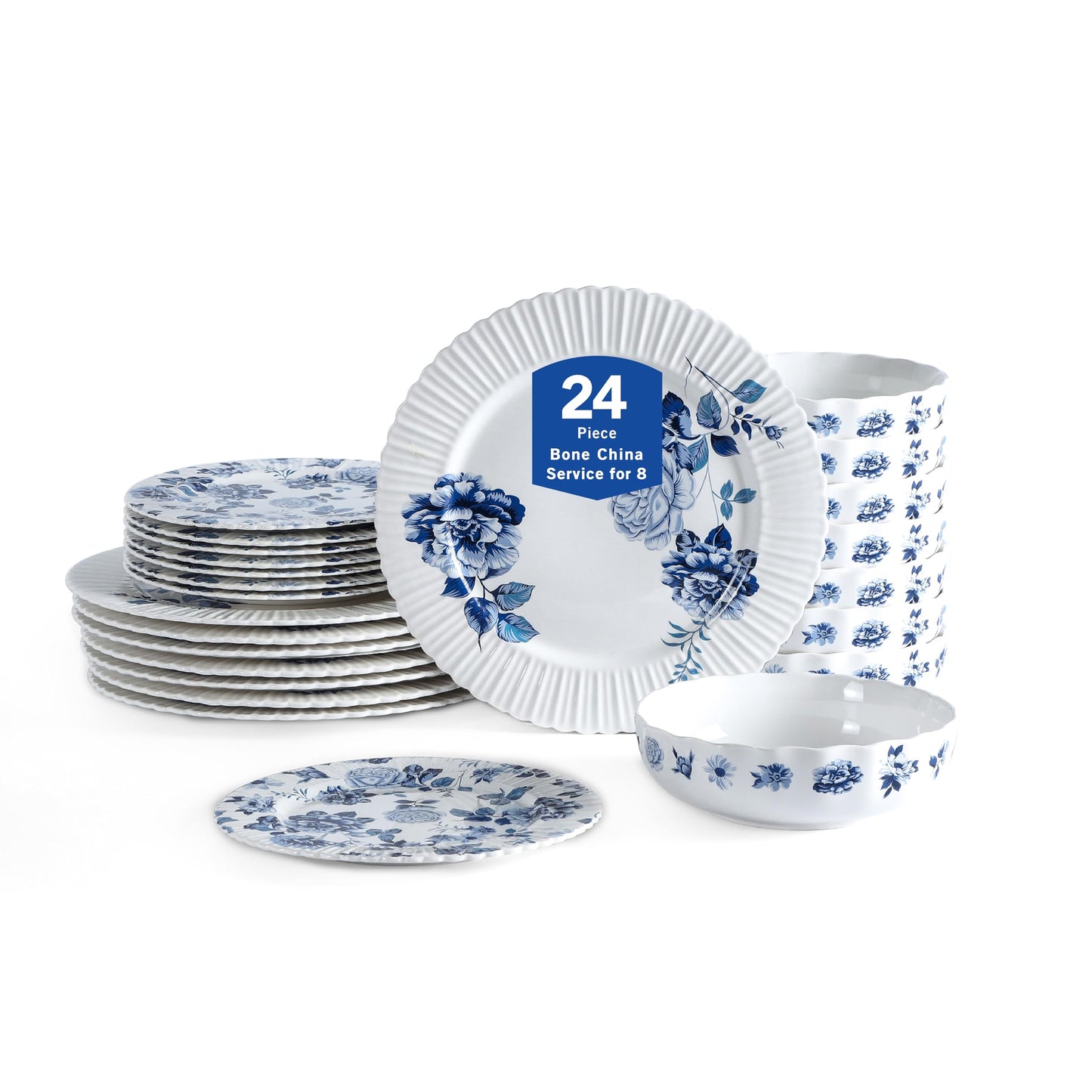 Stone Lain Fiore 24-Piece Dinnerware Set New Bone China, Blue