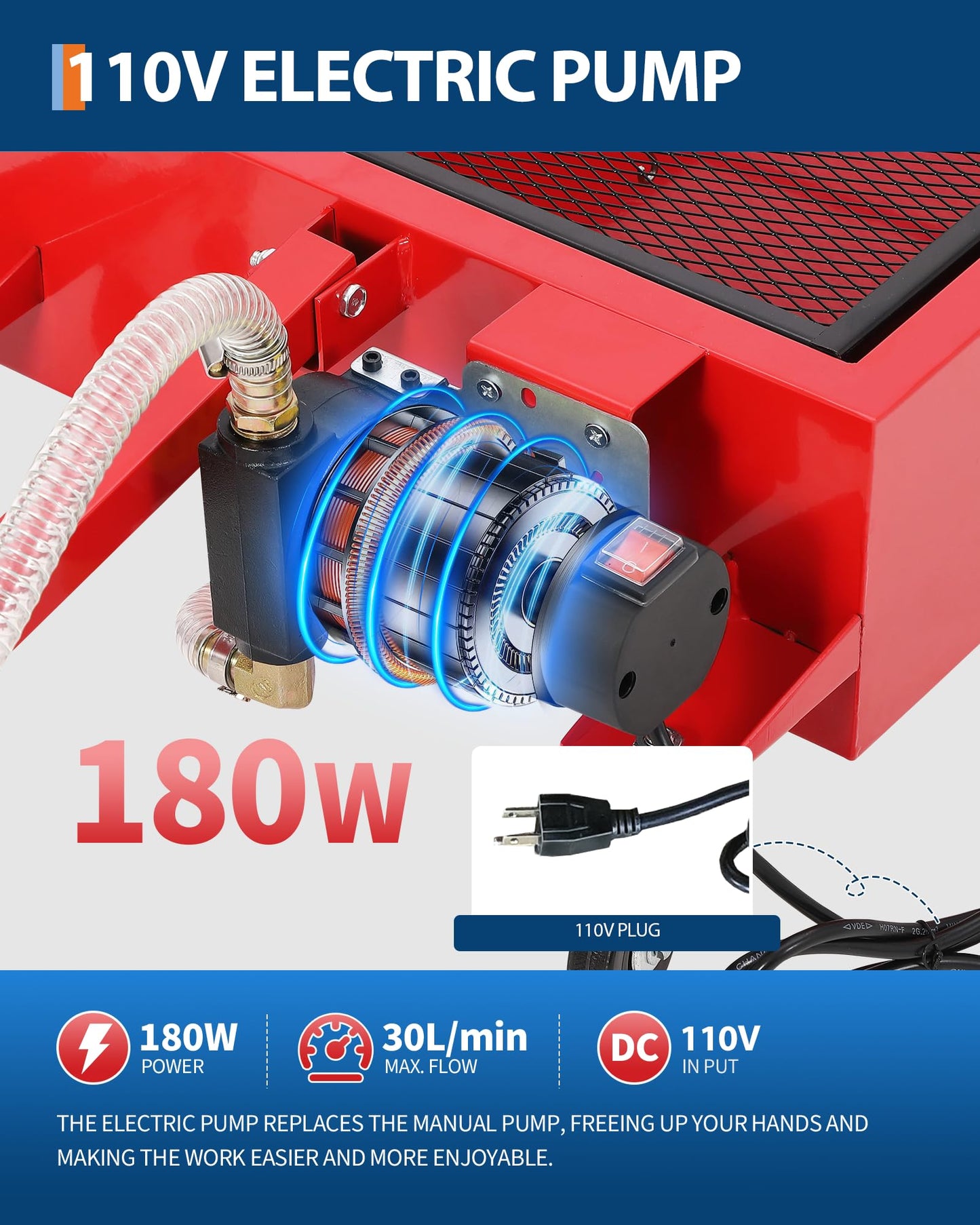 GarveeTech Low Profile Oil Drain Pan 110V, 20 gal Metal Oil Change Pan Cart with 180W Electric Pump, 8 ft Hose & Folding Handle for Cars, SUVs, Trucks, Buses, RVs, Red