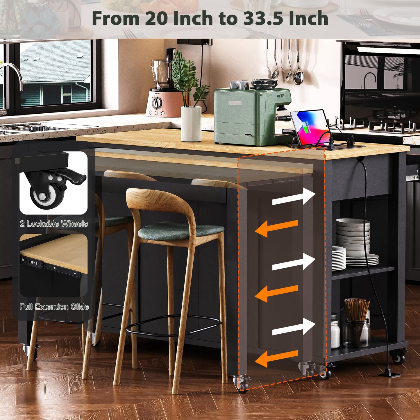 Ball & Cast Kitchen Island with Extendable Dining Table,Rubber Wood Veneer Kitchen Table with Internal Storage Rack,Power Outlet & USB Ports,Kitchen Cart On Wheels W/ 2 Drawers & 2 Cabinets,Black,47"