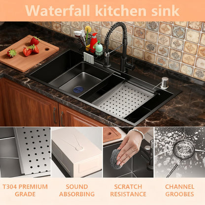 30 Inch Black Drop-In Stainless Steel Kitchen Sink: Single Bowl Deep Scratch Resistant 16 Gauge Workstation with Faucet & Accessories Combo for Family Kitchen