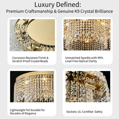 Axamate Modern Crystal Chandelier 24 inch Large Gold Chandeliers Ceiling Light Round Raindrop Chandeliers Flush Mount Lighting Fixture for Living Room Dining Room Bedroom