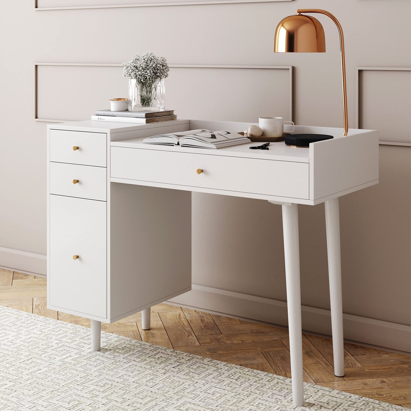 Nathan James Daisy Vanity Dressing Table or Makeup Desk with 4-Drawers and Brass Accent Knobs, White Wood