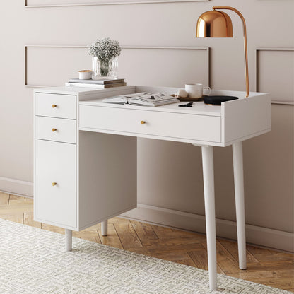 Nathan James Daisy Vanity Dressing Table or Makeup Desk with 4-Drawers and Brass Accent Knobs, White Wood