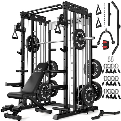 JELENS Smith Machine for Home Gym, Multi-Function M12 Power Cage, Squat Rack with Smith Bar and More Attachment (Black, 260LB Black Weights Package)