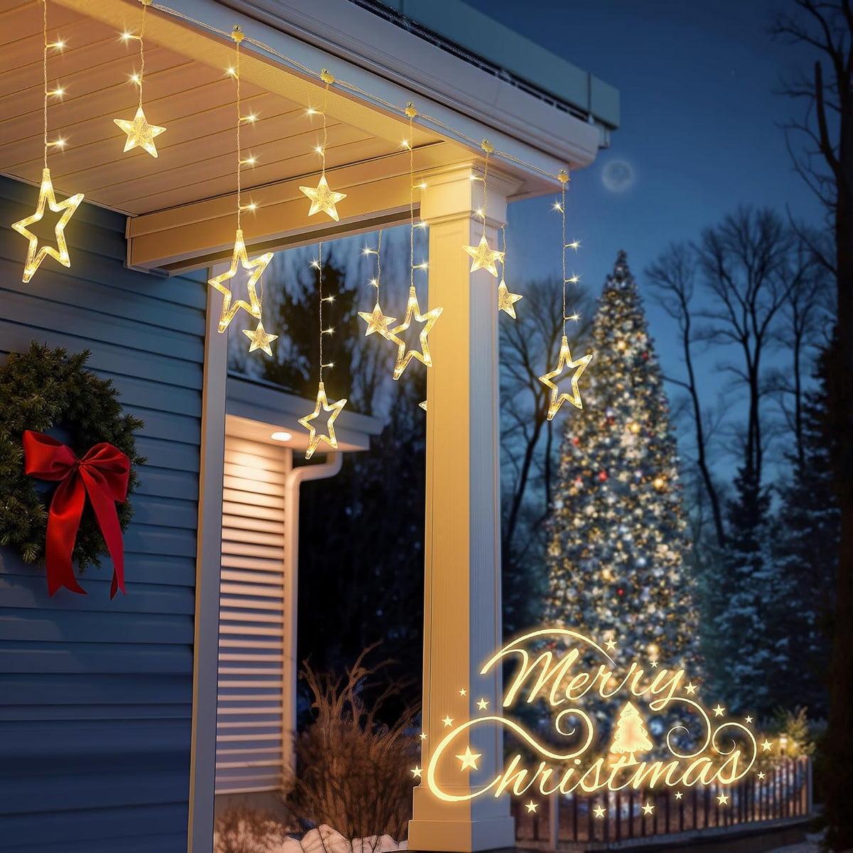 126L 8.2FT 8 Warm White Star Icicle Lights, Clear Curtain Fairy String with Connectable, Timer Modes Memory, Waterproof