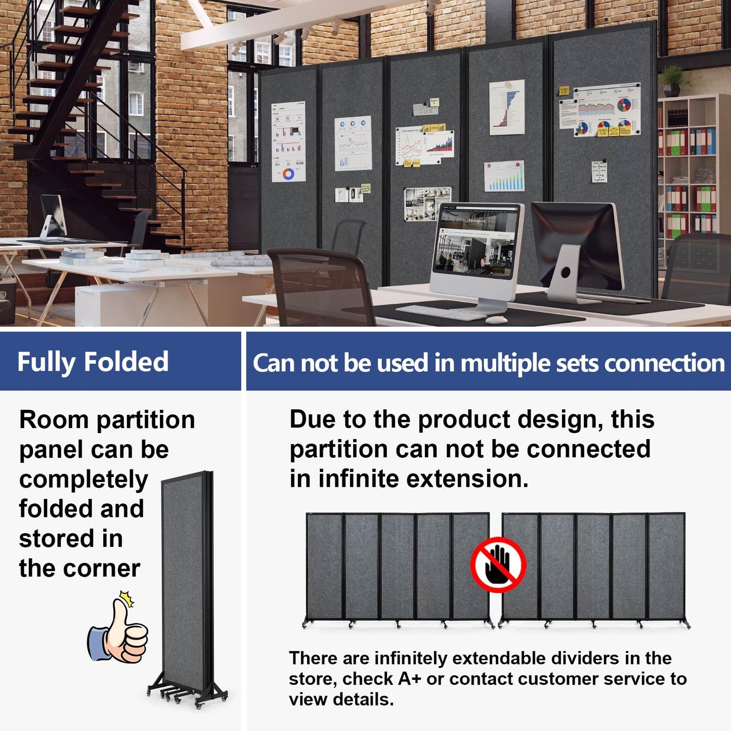 Strongbird Room Partition,Folding Privacy Divider,Office Partition Dividers,Office Dividers Wall, 10'6"W x 6'7"H,Grey