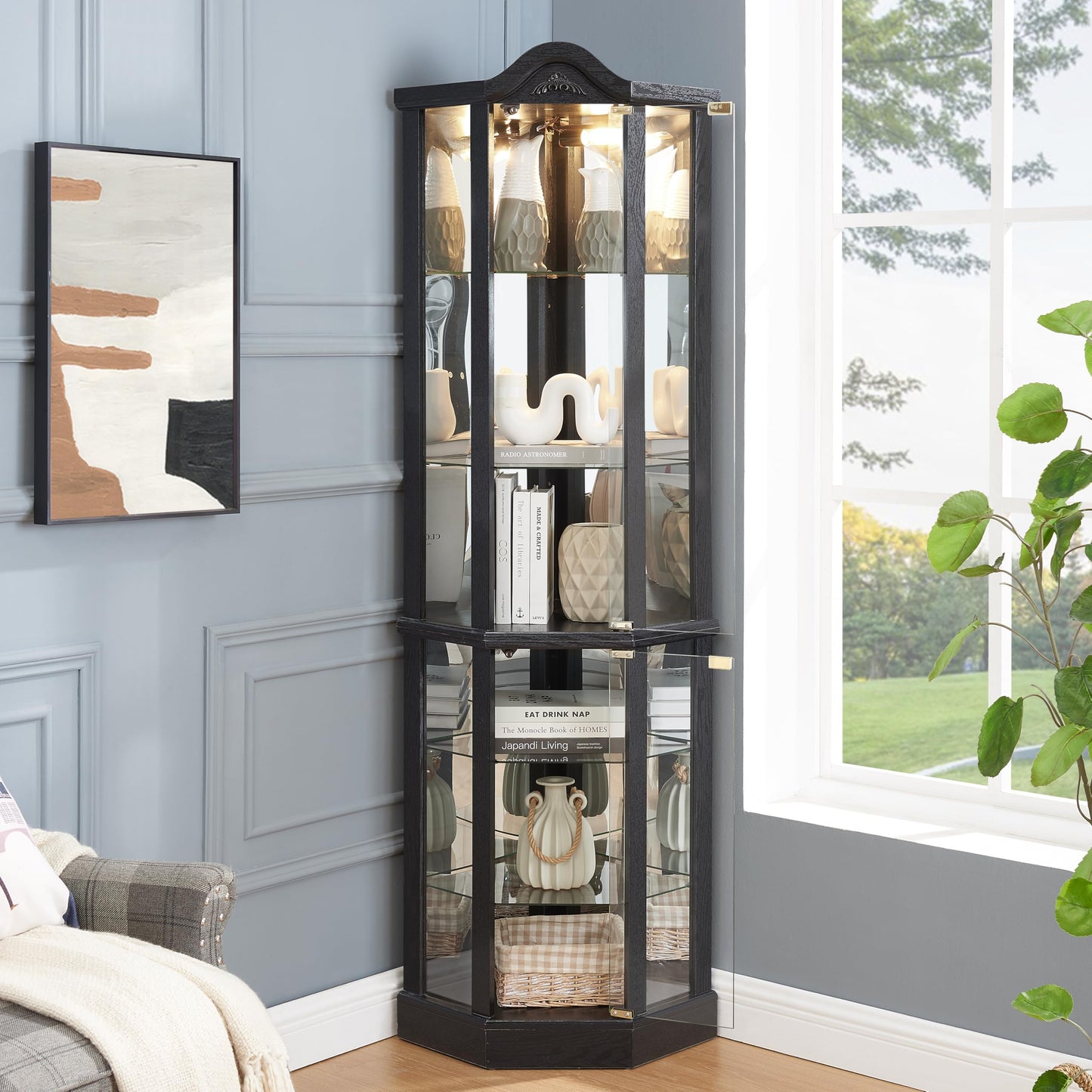 KEIKI 72" Corner Glass Display Cabinet with Adjustable Shelves, for Collectibles, Storage Curio Cabinet with Arched Floral Carving Decoration, 6-Tier Showcase Display Case, for Living Room, Black