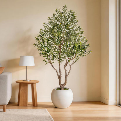 Artificial Olive Tree 8FT Tall Faux Olive Tree Premium Artificial Indoor with Natural Wood Trunk and Lifelike Fruits Realistic White Round Planter Potted for Home Office Living Room Decor
