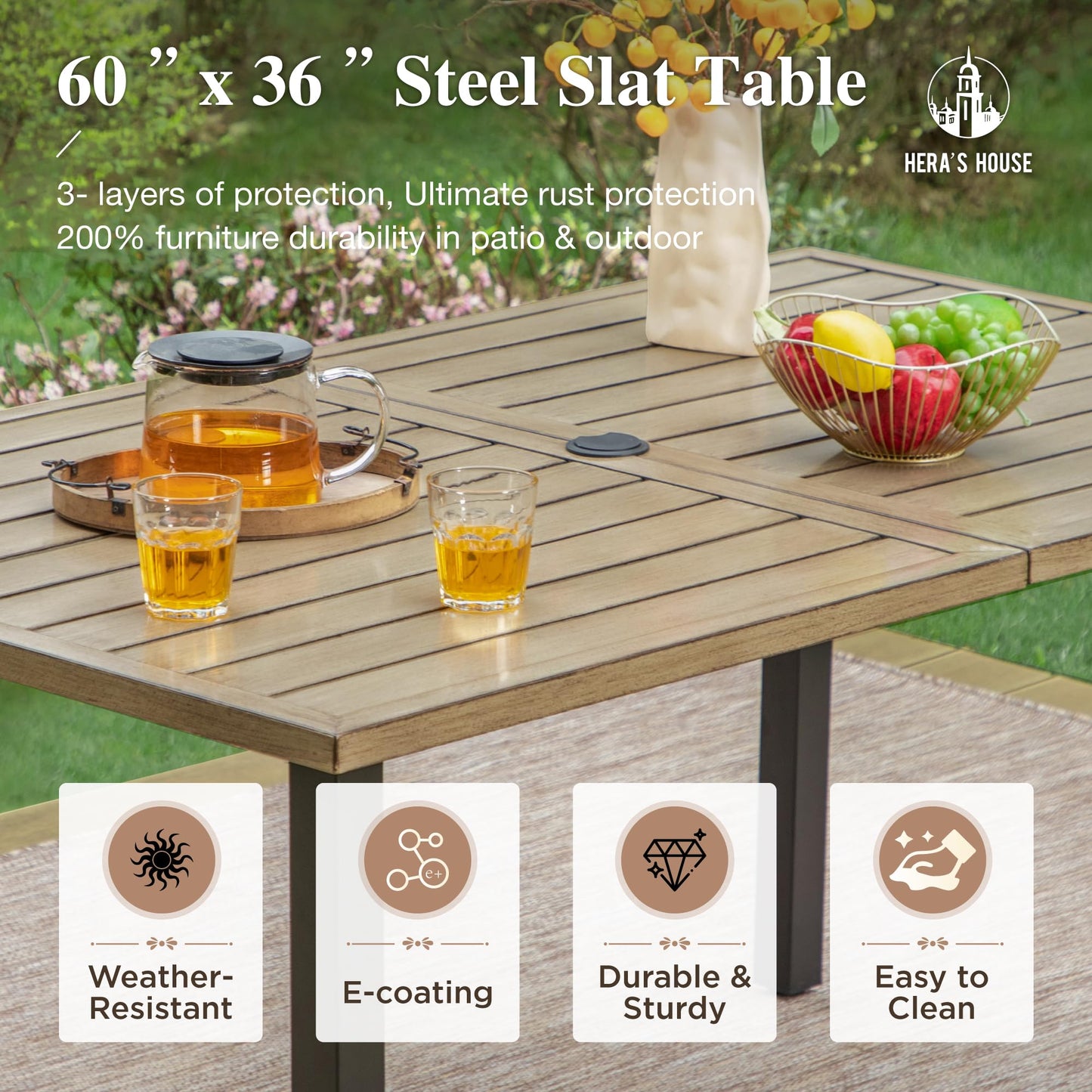 HERA'S HOUSE Patio Table and Chairs Set 7-Piece, Outdoor Dining Furniture Set with Cushions, All-Weather Wood Grain Table with 1.6"-2" Umbrella Hole & Wicker Chairs for Backyard, Garden, Deck