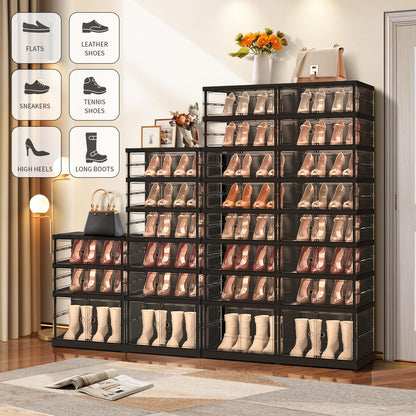 EHAMILY 8 Tiers 16-32 Pairs Foldable Shoe Boxes Large Plastic Shoe Storage Rack Collapsible Shoe Organizer for Closet Clear Stackable Shoes Shelf Storage Cabinet with Doors Quick Assembly Black
