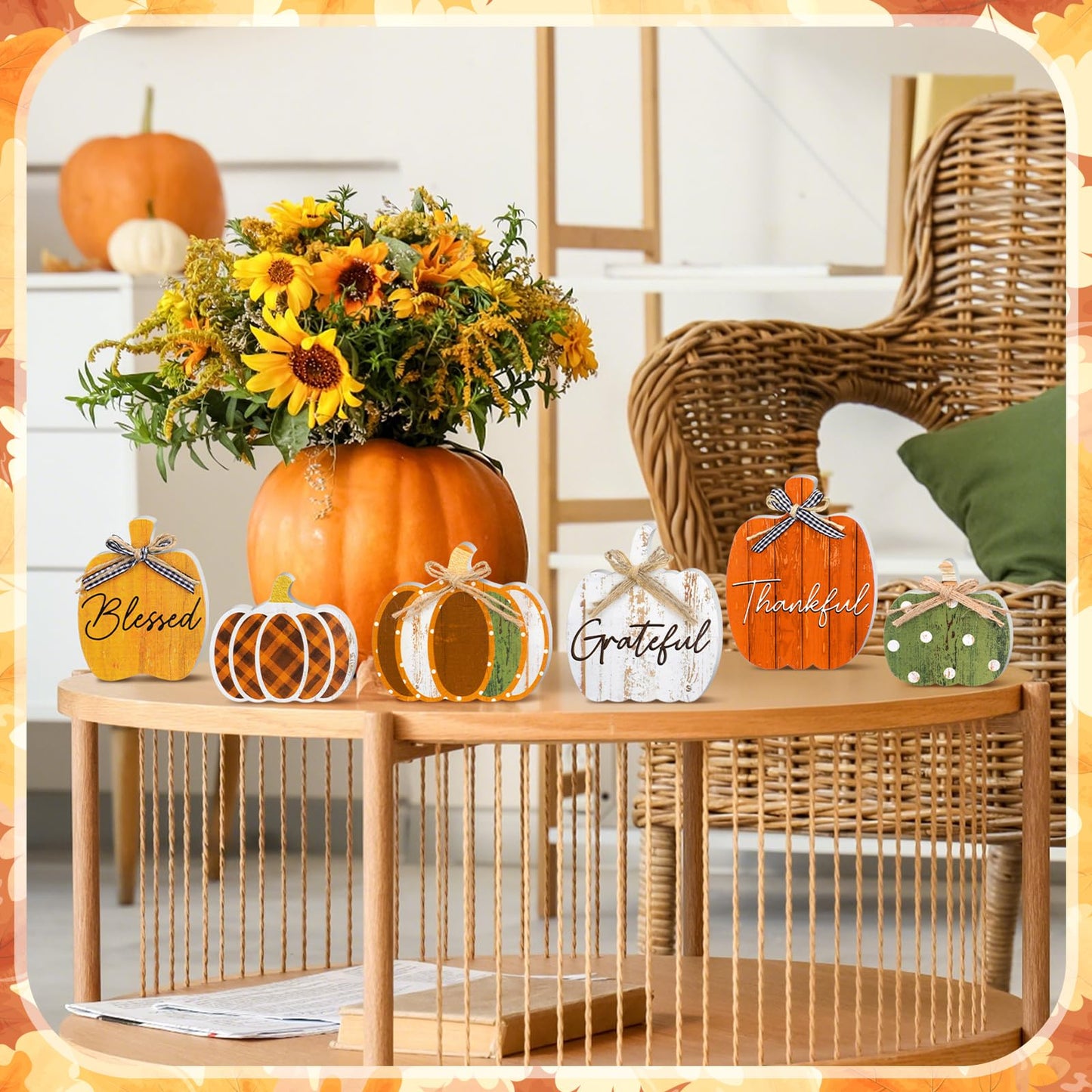 Yousoontic 6 Pcs Thanksgiving Decor for Home Pumpkin Wooden Block Sign Autumn Fall Table Centerpiece for Thanksgiving Tiered Tray Harvest Table Mantel Shelf Decor(Classic)