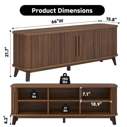 66" Mid Century Modern TV Stand, Wood Curved Entertainment Center for TVs up to 80" with Sliding Doors & Adjustable Shelves, Media Console with Storage & Solid Wood Leg for Living Room, Walnut