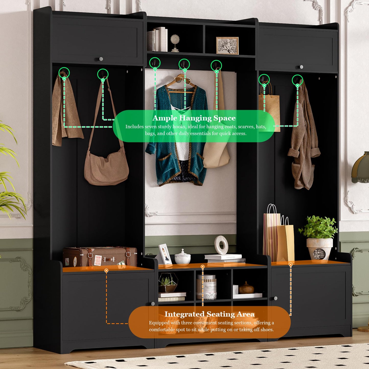 Merax Hall Tree with Shoe Storage, 4-in-1 Entryway Bench with Coat Rack & Adjustable Shelf & Top Storage for Hallway, Black