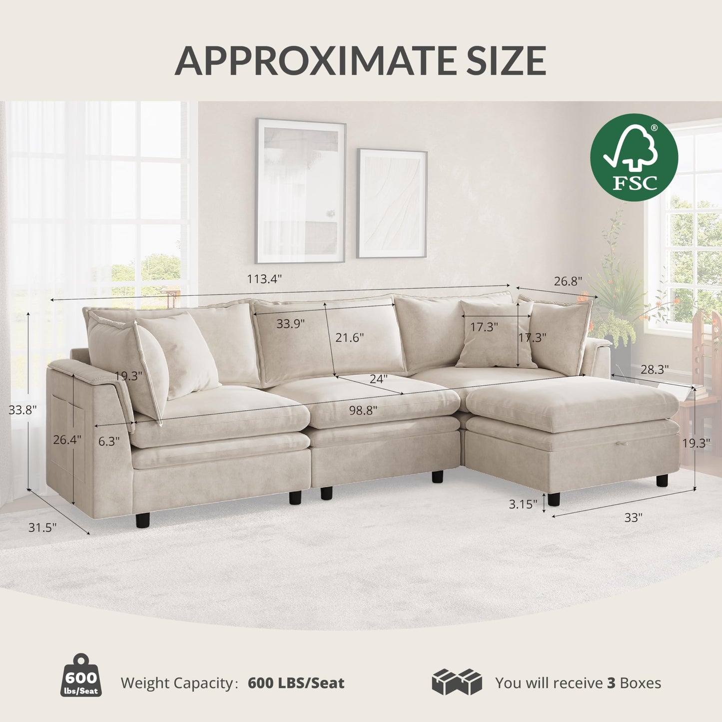 Attalee 113.4'' Modular Sectional Couches for Living Room with Storage Ottoman, Modern Comfy Deep Seat Sleeper Upholstered Cloud Couch Sofa, Oversized 4-Seat L Shaped Couch with Throw Pillows, Beige