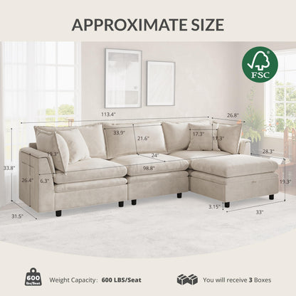 Attalee 113.4'' Modular Sectional Couches for Living Room with Storage Ottoman, Modern Comfy Deep Seat Sleeper Upholstered Cloud Couch Sofa, Oversized 4-Seat L Shaped Couch with Throw Pillows, Beige