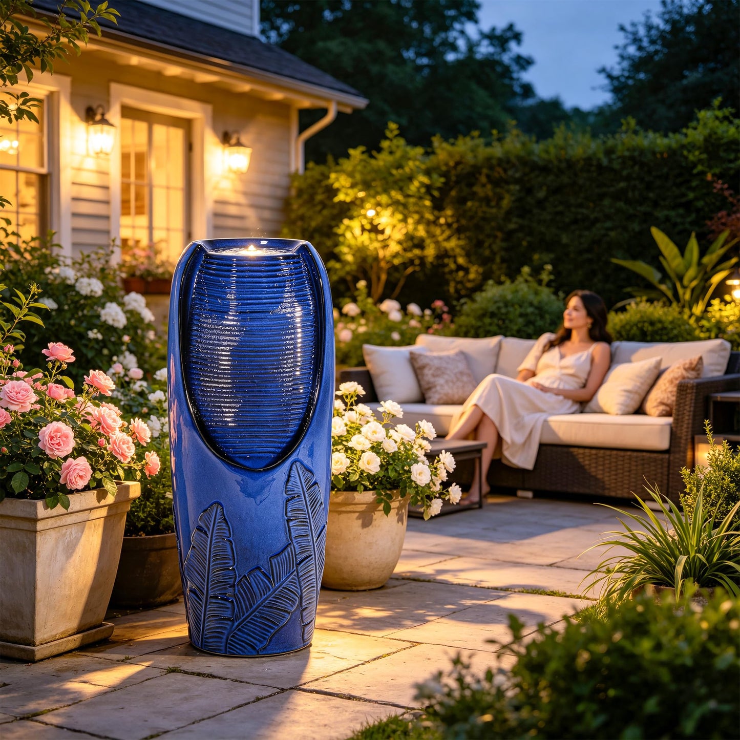 Autodaya 33" H Outdoor Garden Fountain with LED Lights, Modern Ceramic Jar Water Fountain, 3D Tropical Leaf Pattern, Cobalt Blue Glaze, Soothing Cascading Waterfall for Relaxing Patio, Yard, Porch