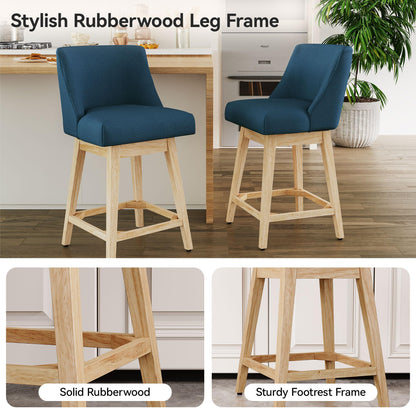 Erdoru Swivel Counter Height Bar Stools Set of 2, Modern Fabric Swivel Barstools with Contoured Back and Solid Wood Legs, Upholstered Counter Stool Bar Chairs for Kitchen Island, Home Bar, Blue