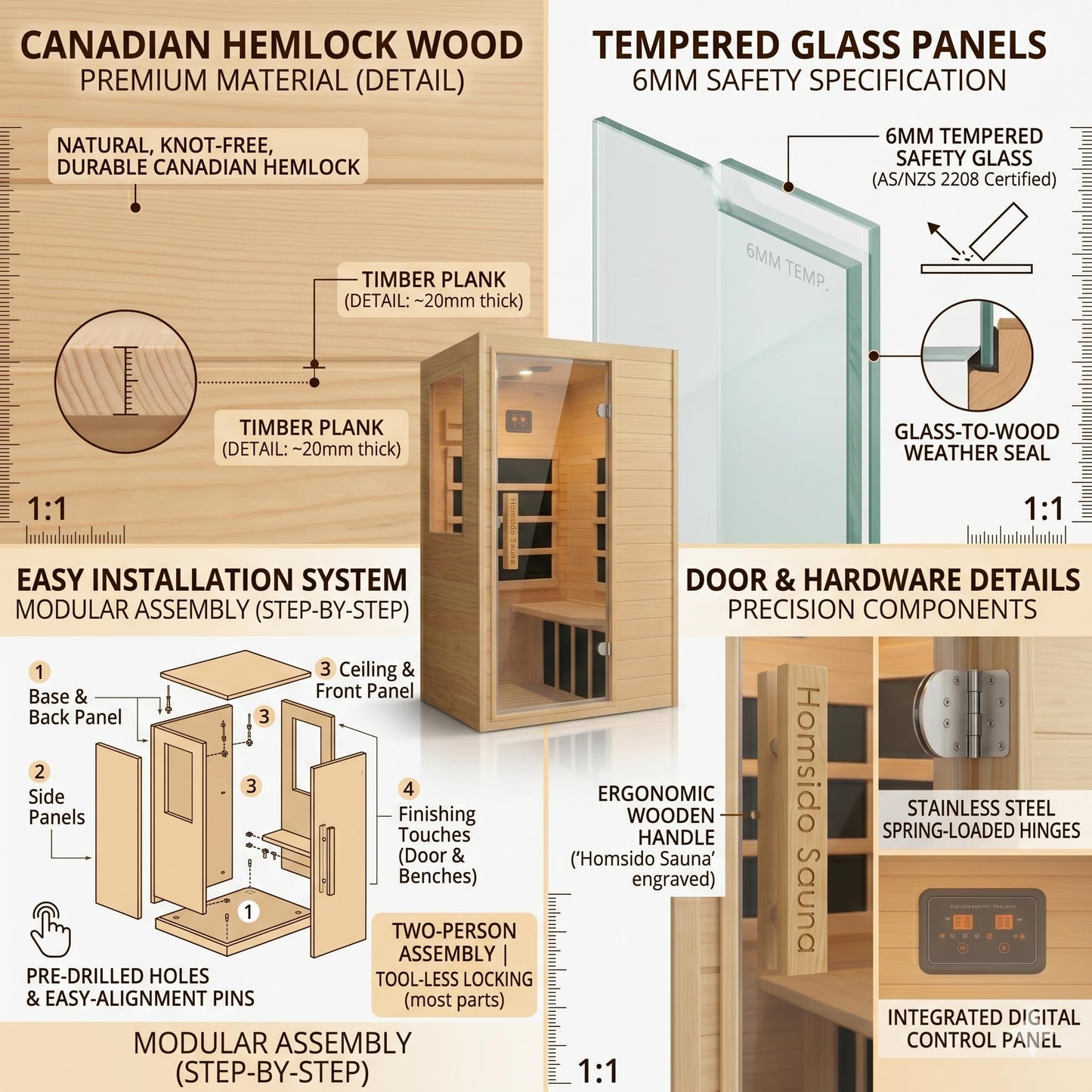 Far Infrared 1 Person Hemlock Wood Sauna ， MINI Indoor Sauna with 110V 5 Heating Panels Bluetooth 6mm Tempered Glass Compact Indoor Home Spa Personal Sauna,Home Gym Workout Gift（57.9 * 27 * 32In）