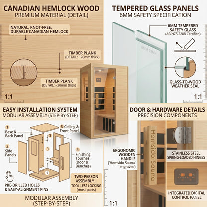 Far Infrared 1 Person Hemlock Wood Sauna ， MINI Indoor Sauna with 110V 5 Heating Panels Bluetooth 6mm Tempered Glass Compact Indoor Home Spa Personal Sauna,Home Gym Workout Gift（57.9 * 27 * 32In）