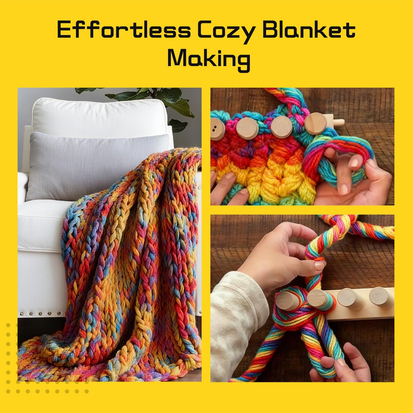46-Inch Wooden Chunky Blanket Loom, Adjustable Hand Knitting Yarn Chunky Blanket Kit, Portable for DIY