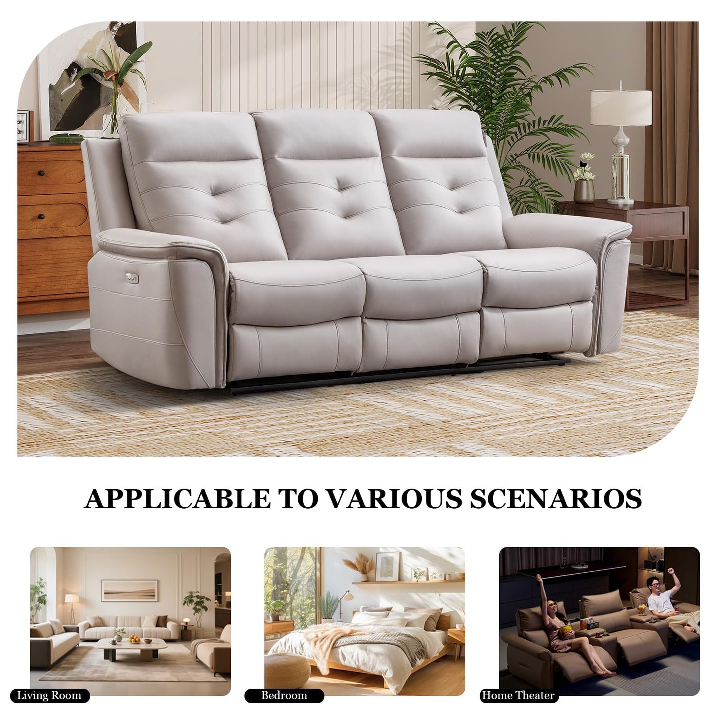 EBELLO 2 Pieces Faux Leather Power Recliner Sofa Set, Reclining Living Room Furniture Set, Included Loveseat and 3 Seat Electric Recliner Sofa, Modern Design for Living Room, Grey