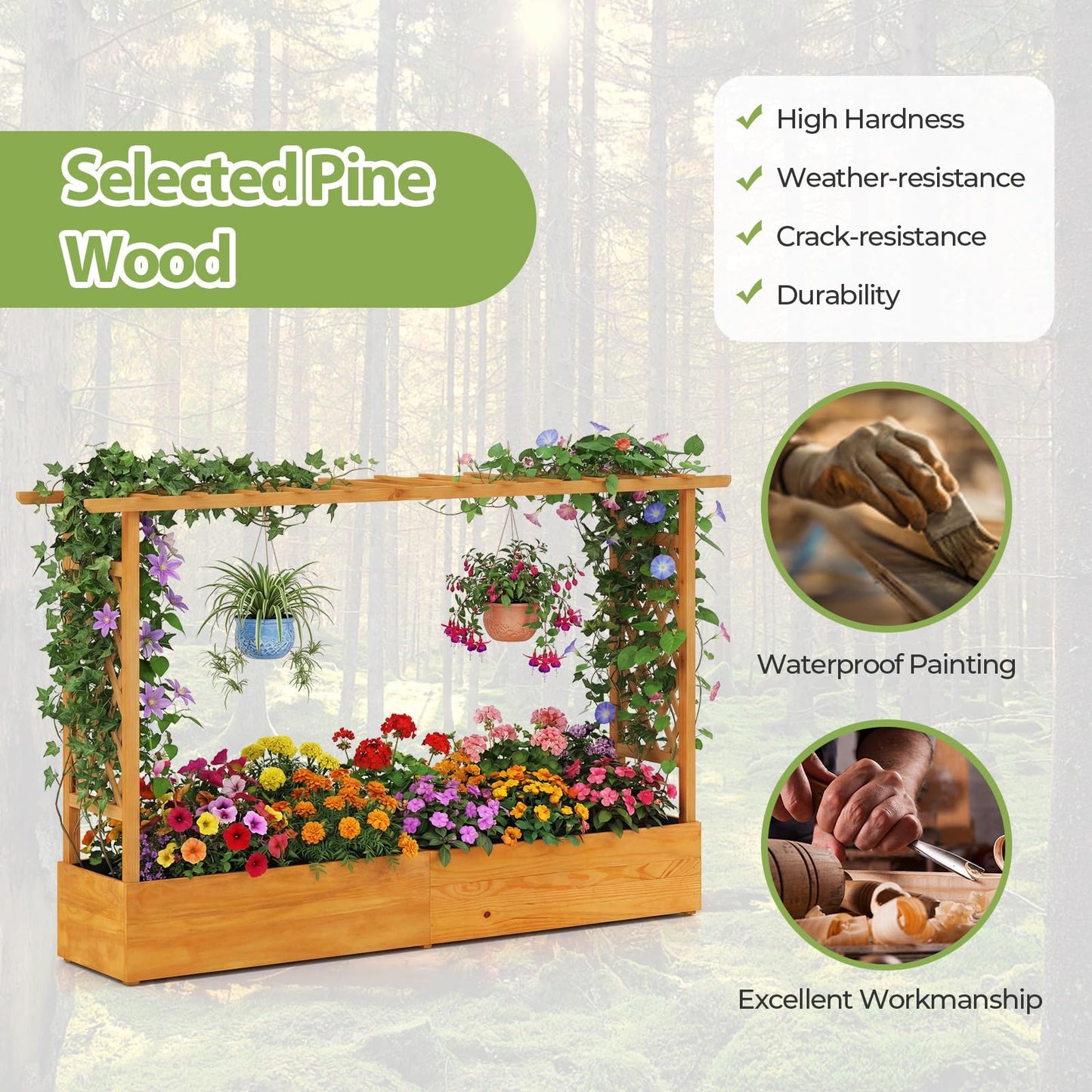 S AFSTAR 45-Inch Raised Garden Bed with Arch Trellis, Hanging Roof, Planter Box, Drainage Holes, Vertical Plant Container for Vine Climbing Plant Flower, Flower Bed Wood Planter for Indoor & Outdoor
