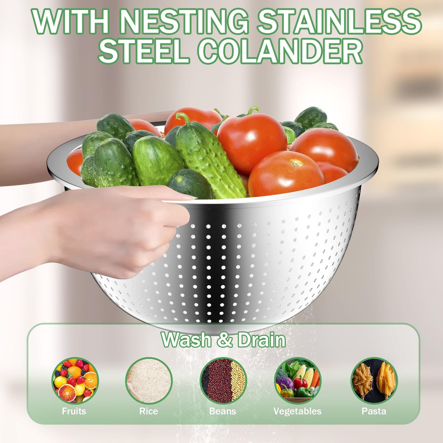 DUTZUN Mixing Bowls with Lids Set, Stainless Steel Mixing Bowls with Colander, Strainer with Mixing Bowl Set, Serving Bowl Kitchen Gift, Size 4.5, 2.5, 2, 1.5QT - Black