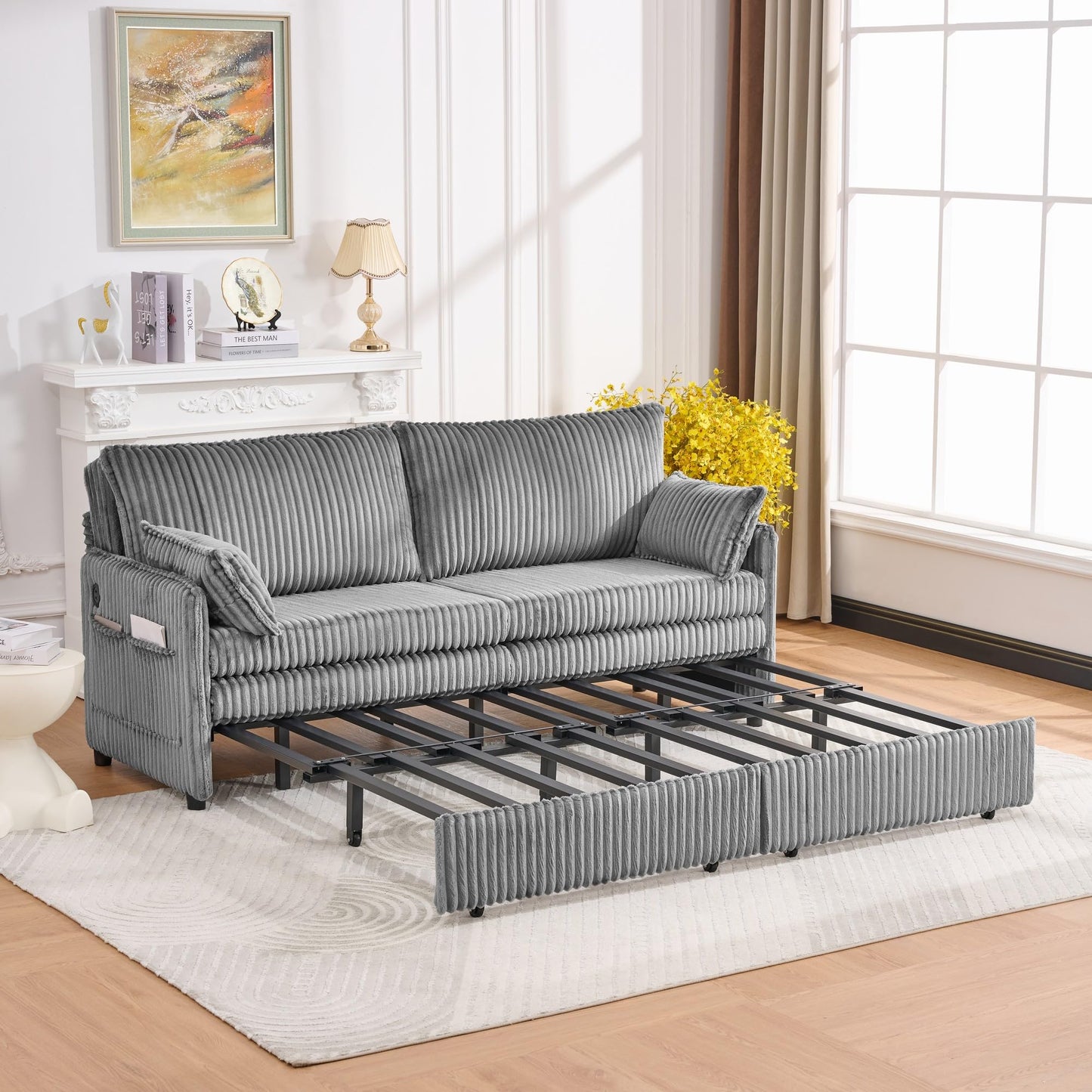 KEIKI 73" 3-in-1 Pull Out Sofa Bed, Convertible Corduroy Sleeper Sofa with USB Ports & Side Pockets, Modern Futon Couch for Living Room, Apartment or Bedroom, Gray
