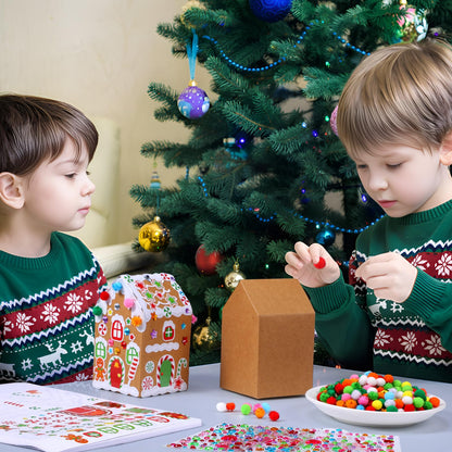 Dianelhall 24 Sets Christmas Gingerbread House Cardboard DIY Gingerbread House Craft Kits with Pom Poms Stickers for Christmas Holiday Party Favors Supplies Decorations Xmas Home Game Activities