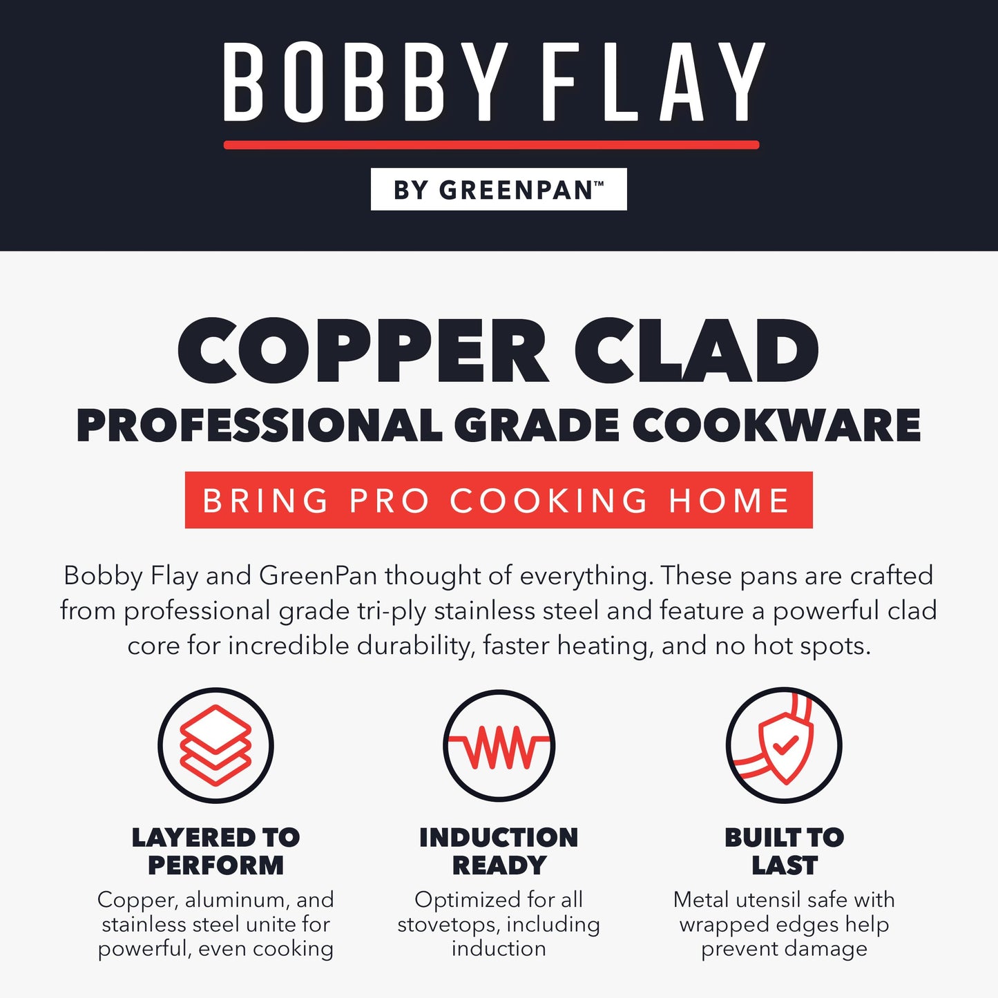 GreenPan x Bobby Flay 8 Piece Copper Clad Pots & Pans, Induction Ready Cookware, Measurement Markings, Stainless Steel Base & Interior, Oven Safe to 500˚F