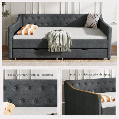 Ball & Cast Full Size Daybed with Two Storage Drawers,Linen Upholstered Day Bed Frame with Button Tufted and Waved Shape Arms, Wood Slat Support,No Box Spring Needed,Dark Grey