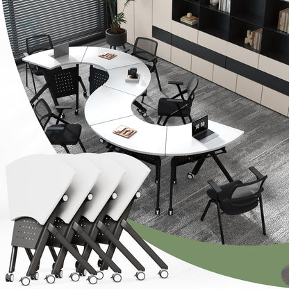 JFazzruit Folding Conference Table,Fan-Shaped Conference Room Tables with Wheels, Mobile Modular Seminar Meeting Desk for Classrooms,Office & Seminar (4, Fan-White)