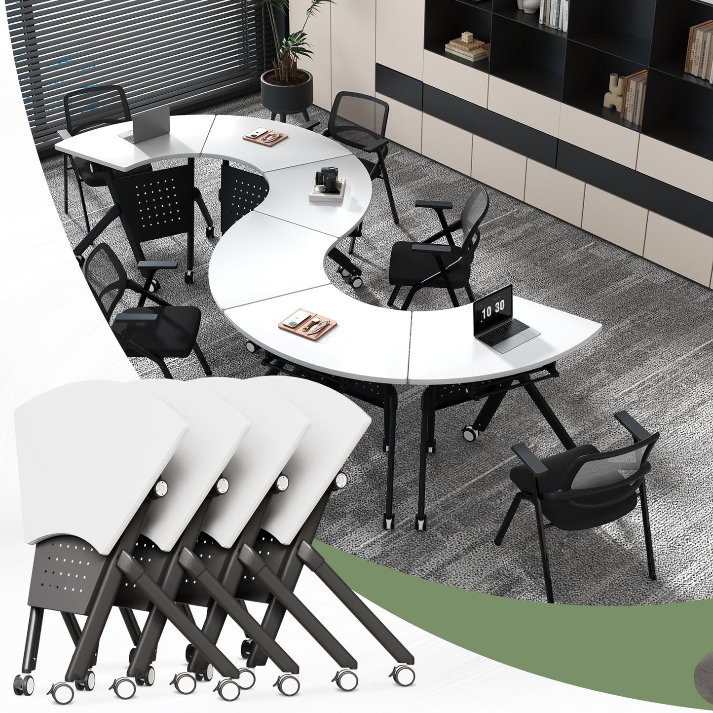 JFazzruit Folding Conference Table,Fan-Shaped Conference Room Tables with Wheels, Mobile Modular Seminar Meeting Desk for Classrooms,Office & Seminar (2, Fan-White)