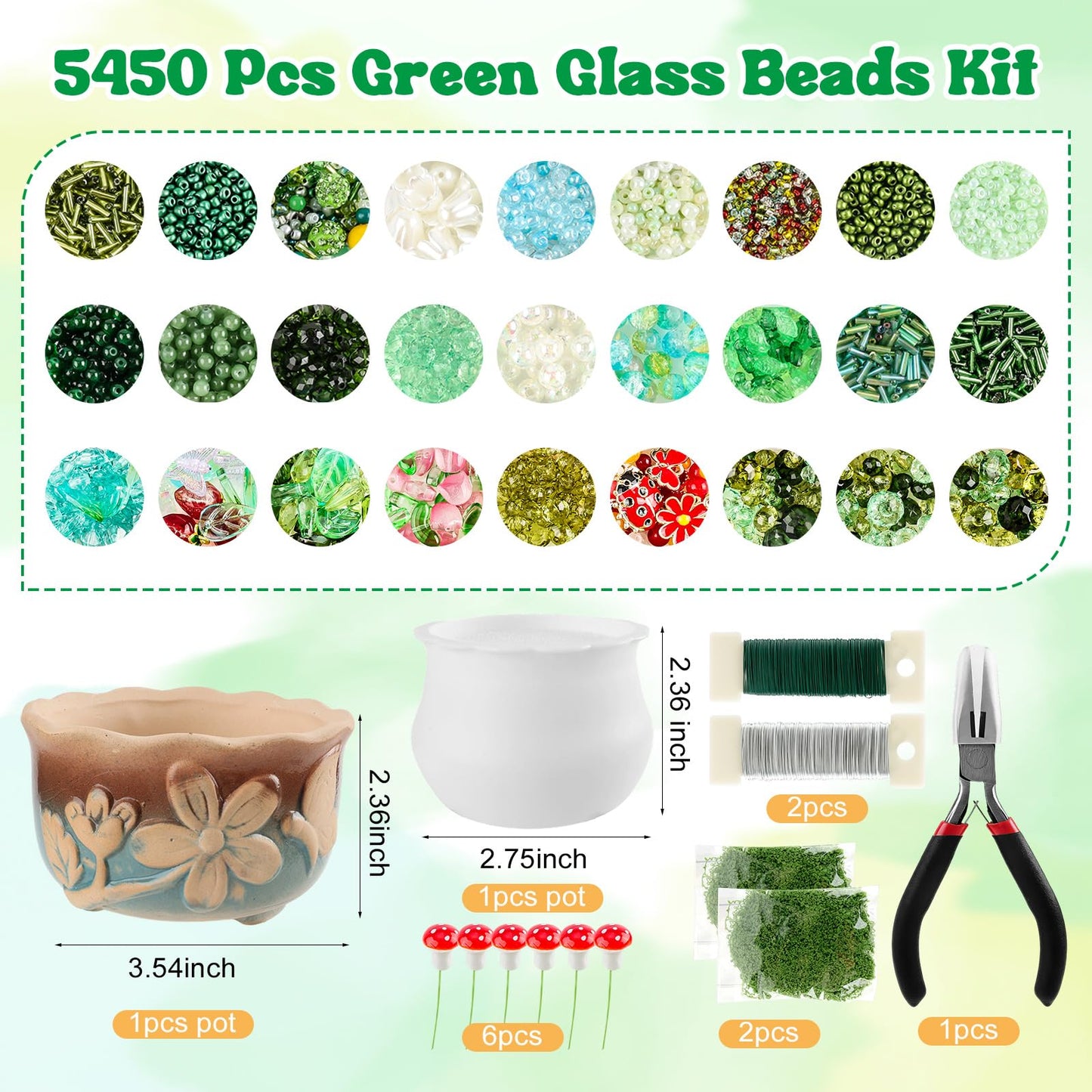 Tarklanda 5450 Pcs Green Glass Beaded Plant Kit, Crystal Leaf Flower Beads for Jewelry Making DIY Crafts Kit for Forever Plant Lovers Women Gifts with Plant Pot
