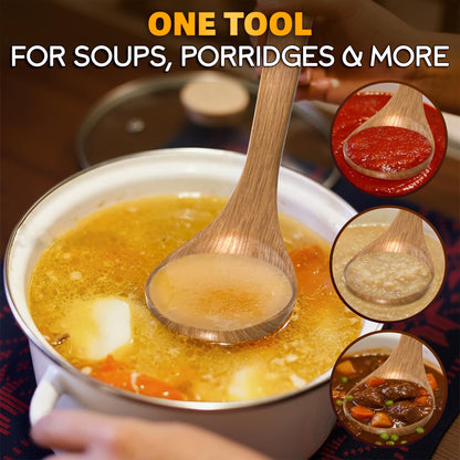 2 Pcs Wooden Ladle for Soup – 10.8×2.8" Bamboo Soup Ladle for Stews and Sauces with Deep 2.7 fl oz Capacity & Lacquer-Coated Finish – Wooden Cooking Spoons with Hook Handles for Kitchen & Catering
