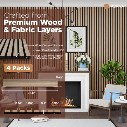 Avana Acoustic Wood Wall Panels – 93.2x11.25 Inch Panels – Fits 94x12 Layout – White Oak Acoustic Panels 4 PCs – Wall Panels for Interior Wall Decor for Homes, Offices – Durable Wood Panels for Wall