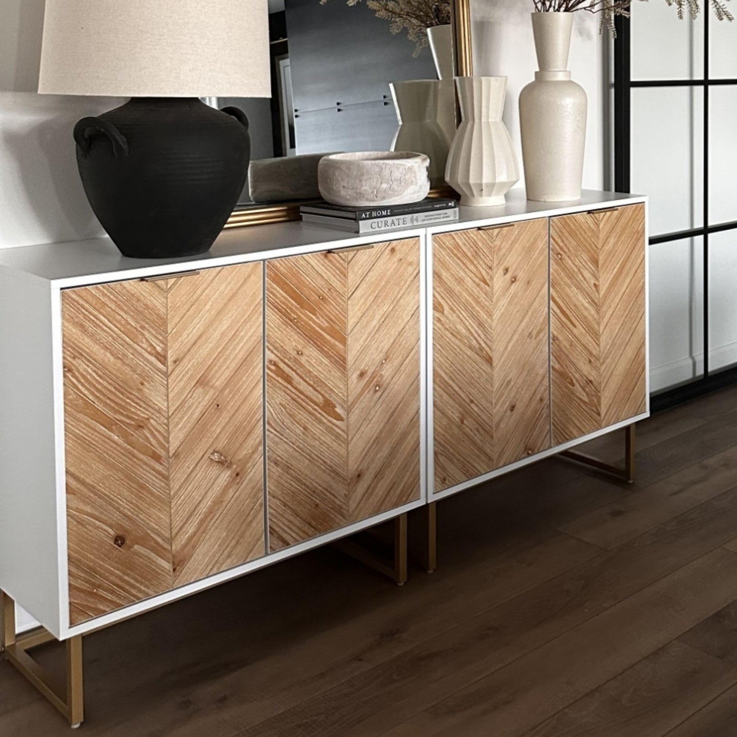 Nathan James Enloe Modern Storage Free Standing Accent Cabinet TV Stand with Doors in a Rustic Pine Wood Finish and Gold Metal Base for Hallway, Entryway or Living Room, Brown/White/Gold, Set of 2