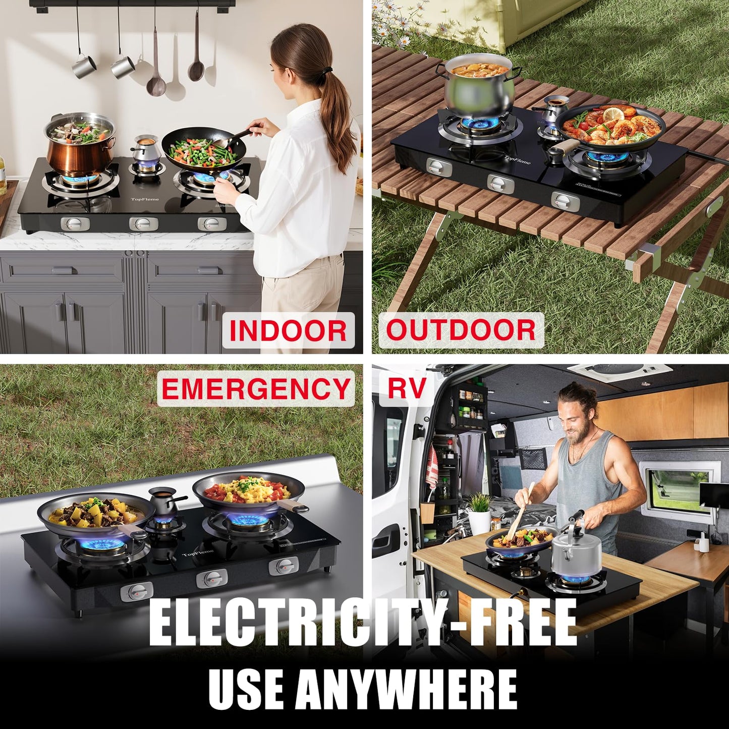 TopFleme 3 Burner Propane Stove 32,300 BTU High-Efficiency Tempered Glass Auto-Ignition Gas Burner Stove Top with CSA Hose for Outdoor RV Camping Emergency Cooking