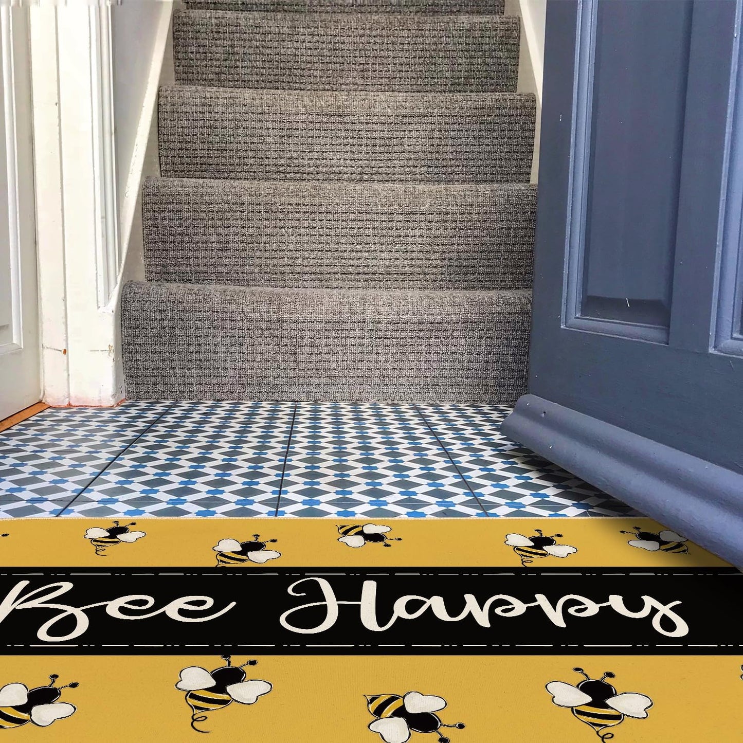 Welcome Mat Front Door Yellow Bee Decor, Indoor Outdoor Entryway Doormat, Summer Kitchen Bath Mat, 30 x 16 Inch