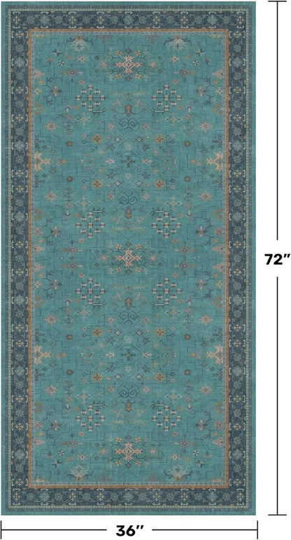 Hazo Haus Teal Non-Slip Kitchen Rug | Washable 3x6 Vintage Floral Indoor Runner