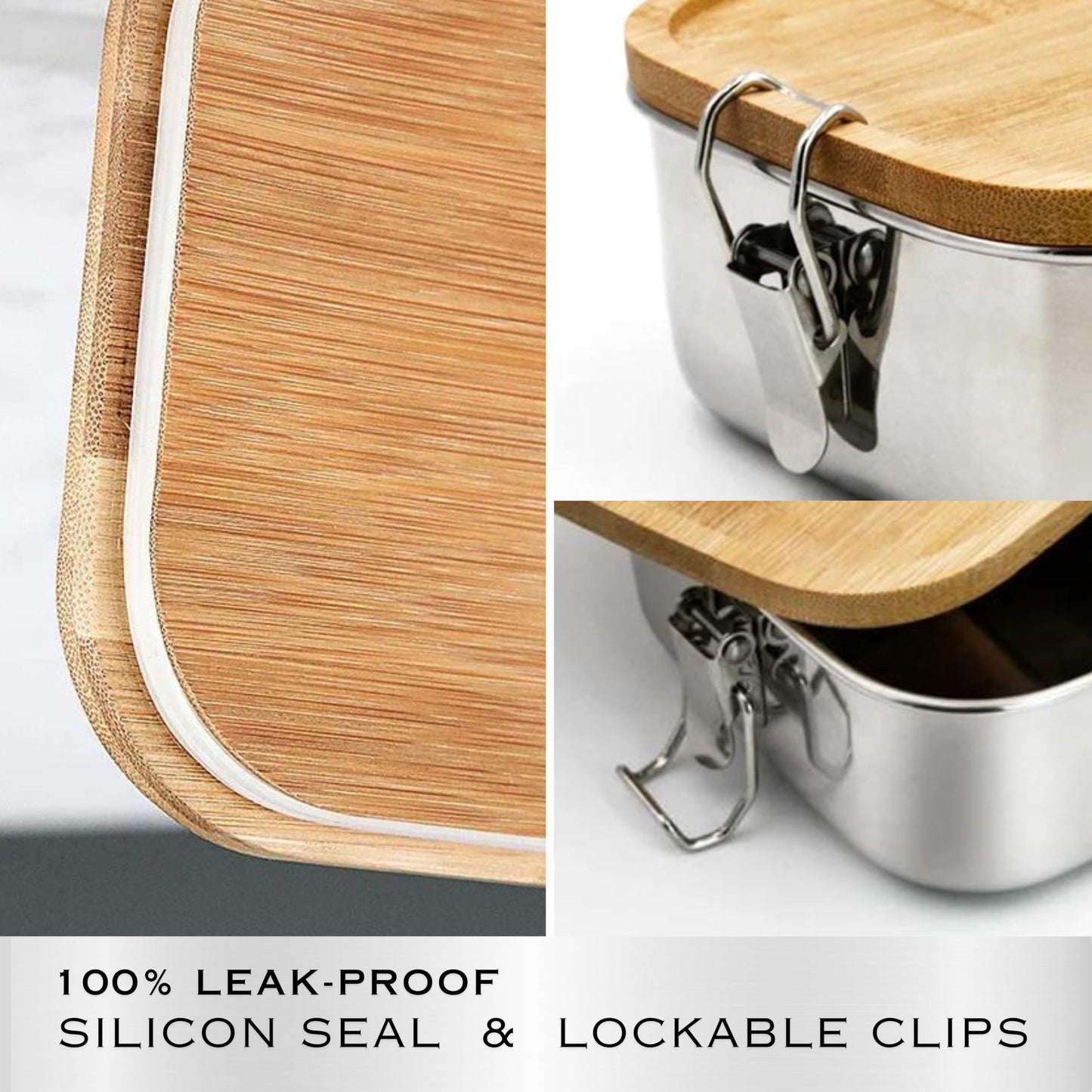 Bambuood Premium Stainless Steel Bento Lunch Box. Eco-Friendly Meal Storage, Food Container With 100% Leak-Proof Bamboo Lid. For Adults, Work, Travel Use. Free Bamboo Cutlery. LARGE (41 oz)